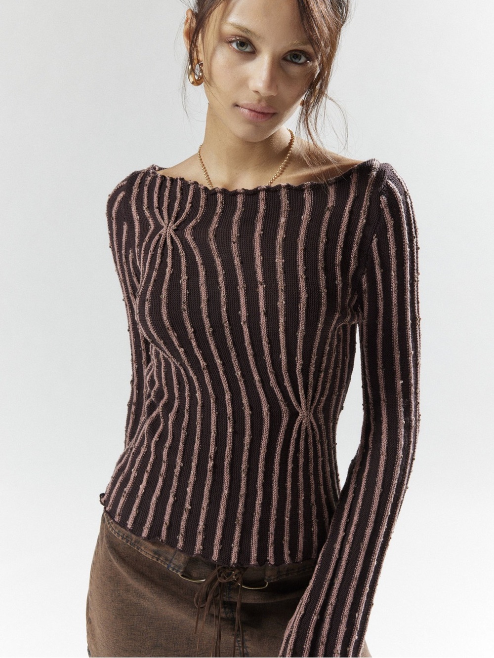 SILENCE + NOISE — Brown Top with Dusty Pink Stripes